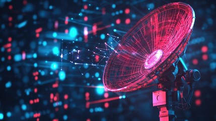 A satellite dish with an overlay of glowing internet signals, indicating connectivity.