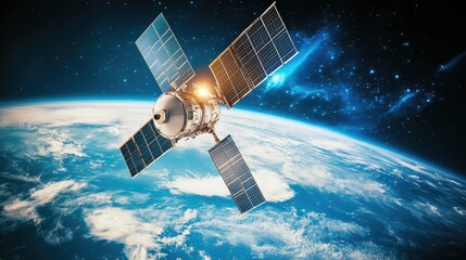 A satellite in space emitting signals towards Earth, representing satellite internet communication.