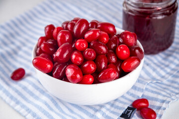 Cornelian cherry, dogwoods edible berry in white bowl