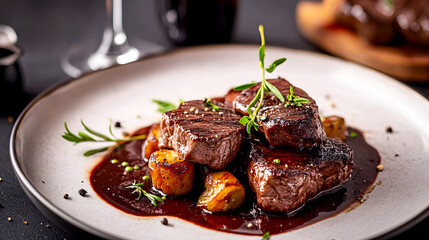 Gourmet Experience A high-end presentation of Boeuf Bourguignon, with tender beef pieces arranged on a fine dining plate, drizzled with a rich red wine reduction