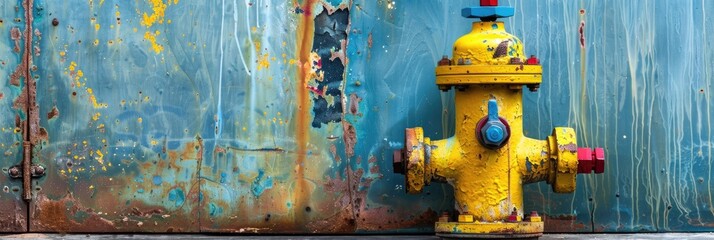 Antique yellow fire hydrant featuring a blue and red top