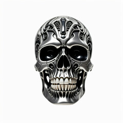 Metallic skull. Isolated on white background. Tribal art style. Front view, Digital illustration.