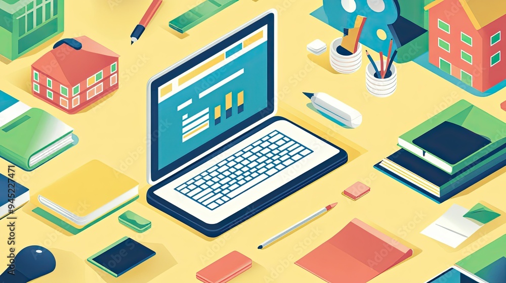 Poster a student workspace with a tablet and virtual classroom, symbolizing online learning. a2