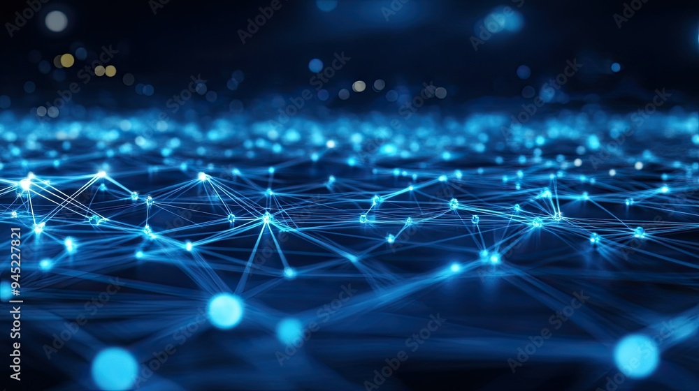 Poster a stylized image of a digital network with connected lines and nodes, representing advanced communic