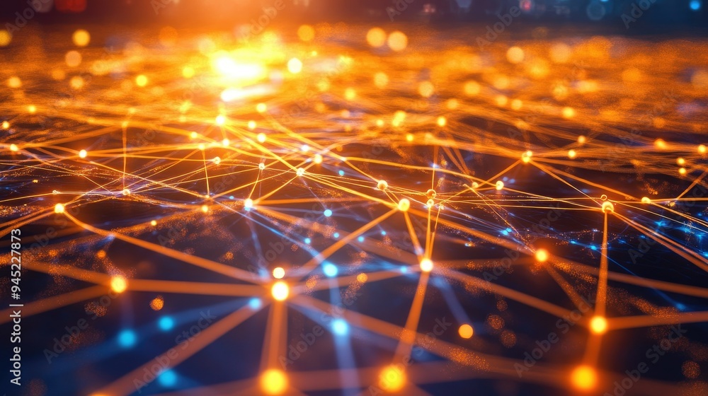 Poster a stylized image of a digital network with connected lines and nodes, representing advanced communic