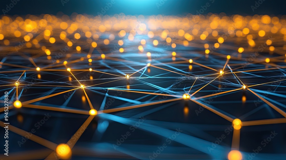 Poster a stylized image of a digital network with connected lines and nodes, representing advanced communic