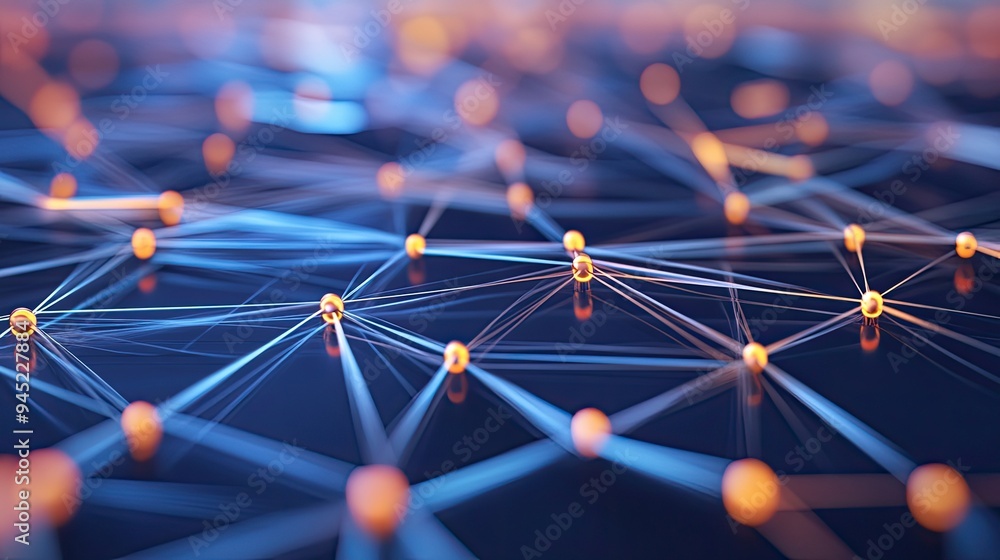 Poster a stylized image of a digital network with connected lines and nodes, representing advanced communic