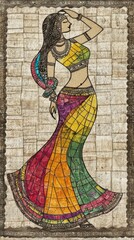 Vibrant Madhubani Art: Colorful Traditional Indian Woman in Sari. Cultural Heritage Illustration for Graphic Design, Advertising, and Marketing. Elegant Ethnic Artwork with Textured Background and Min