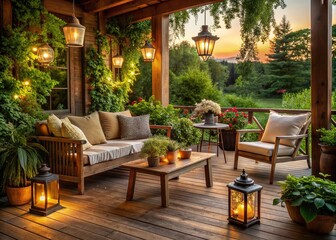 Fototapeta premium Cozy outdoor porch with rustic wooden furniture, verdant greenery, and soft lantern lighting, perfect for a serene and relaxing atmosphere on a warm summer evening.