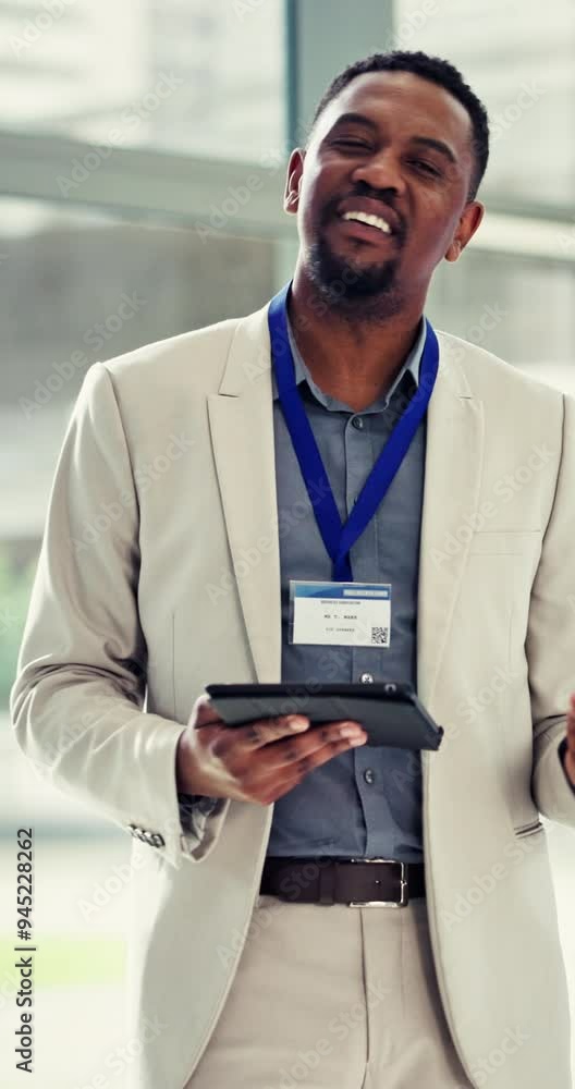 Poster presentation, speaker and man with tablet, corporate training and communication with digital app. em