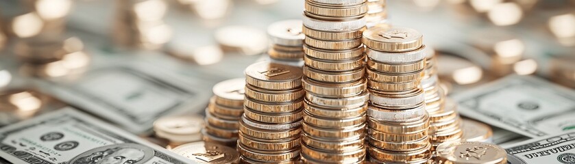Gold coins, silver coins, and banknotes form a pyramid with dollar bills at the base, representing a strong foundation of wealth and investment success. The high-resolution image is rendered in