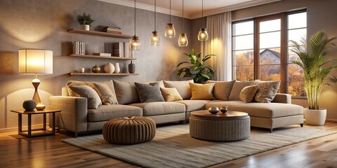 Cozy modern living room scene featuring a plush sofa paired with a matching ottoman, surrounded by calming neutral tones and soft, warm lighting.