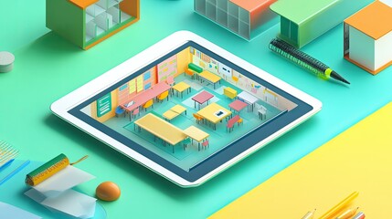 A tablet showing a virtual classroom interface, representing online education.