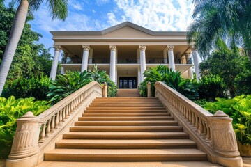 Fototapeta premium A grand building with elegant stairs surrounded by lush greenery and palm trees.