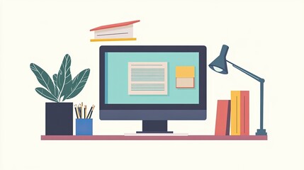 A workspace with a computer and virtual study materials, representing online education.