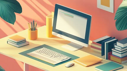 A workspace with a computer and virtual study materials, representing online education.