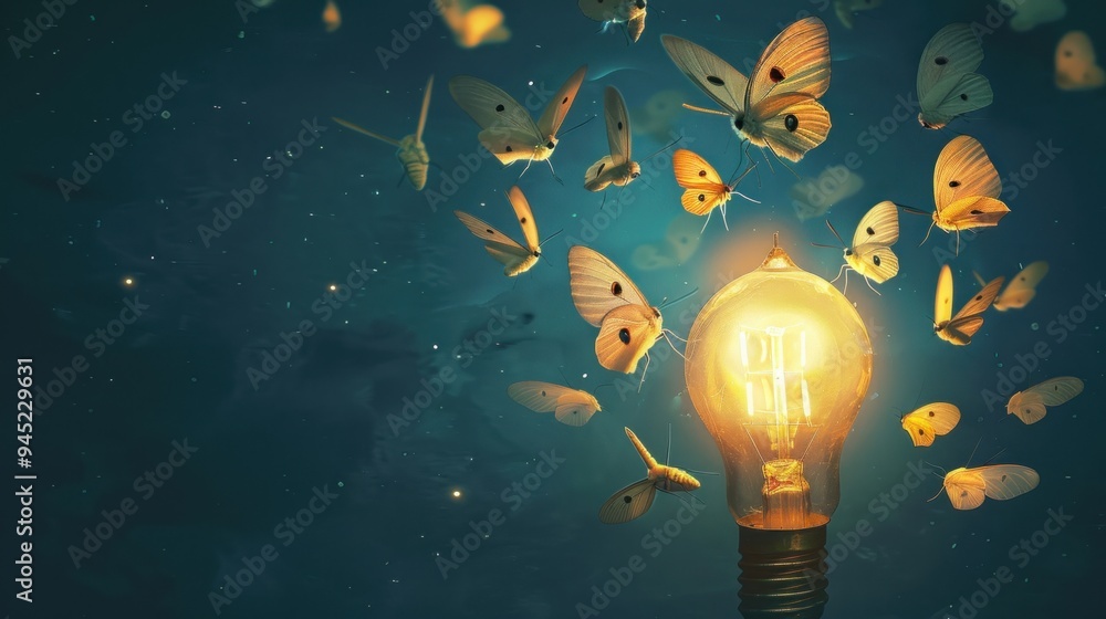 Wall mural Butterflies attracted to a glowing light bulb.