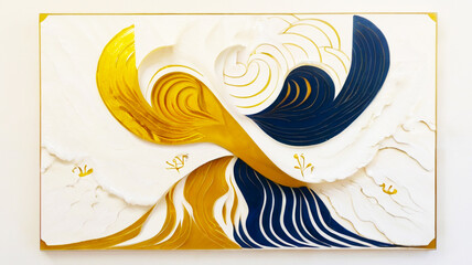 Abstract Gold and Navy Blue Wave Art on White Background