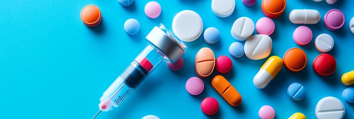 A syringe and various pills scattered on a blue surface, suggesting medical or pharmaceutical themes.