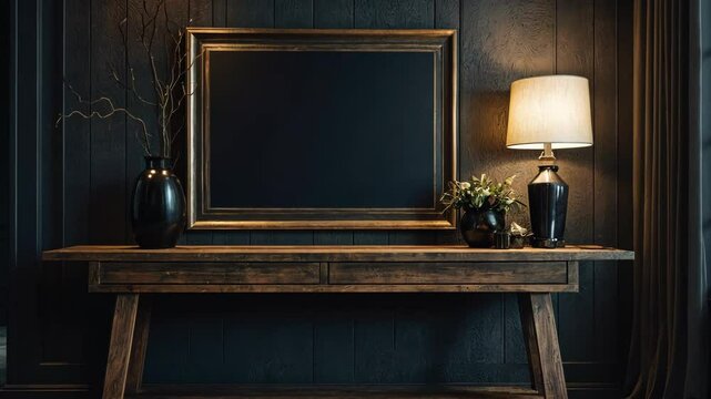 Video footage of elegant, minimalist interior dark toned room, there a wooden console table against a textured wall