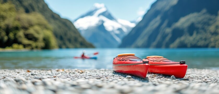 Serene kayaking adventure with red kayak on lake with majestic mountain views - Powered by Adobe