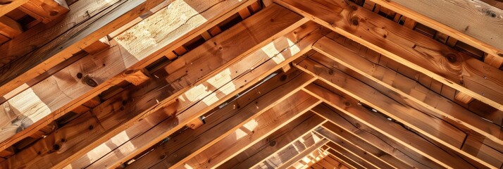 Partially constructed roof framework with stubbed eaves trusses made from angled wooden structural elements resembling classic timber rafter style for upper spaces. Ample blank.