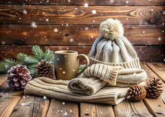 Cozy winter accessories, including a soft knit scarf, warm beanie, and plush gloves, laid out on a rustic wooden table amidst a snowy winter backdrop.