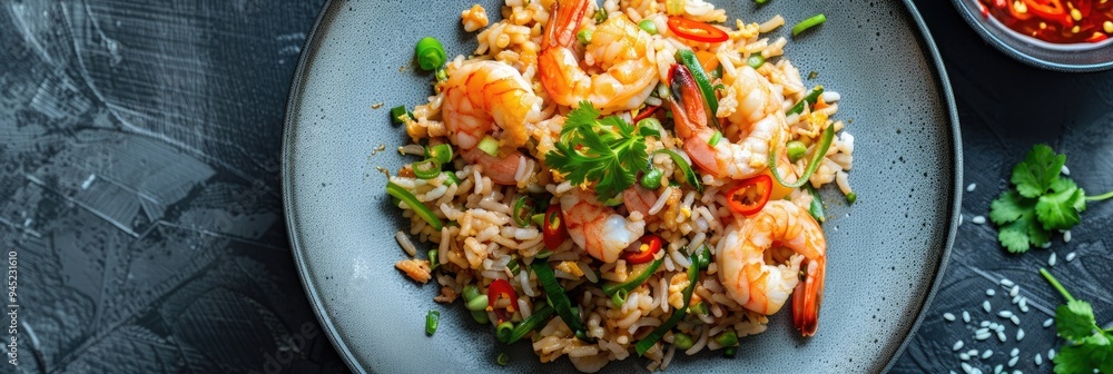 Canvas Prints spicy tom yum fried rice with shrimp and squid stir-fried in chili sauce, presented on a gray plate 