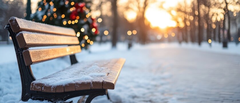 Serene winter bench at sunset with festive christmas tree in snowy park