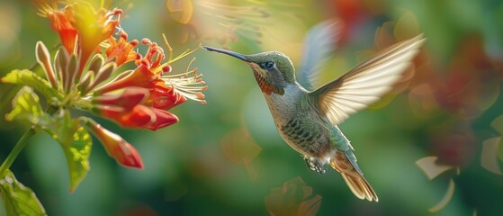 Fototapeta premium Ethereal Hummingbird Captured in Flight Near Vibrant Red Flower with Blurred Wings and Soft-focus Background
