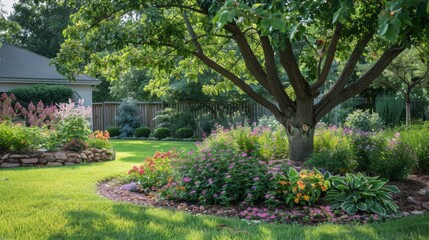 Obraz premium Beautiful Backyard Garden with Lush Greenery and Flowers