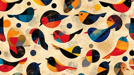 Geometric bird patterns with overlapping shapes and vibrant colors on a neutral background