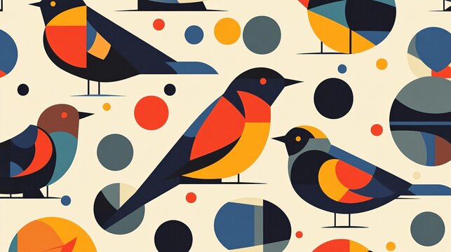 Geometric bird patterns with overlapping shapes and vibrant colors on a neutral background