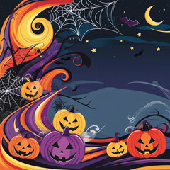 Fototapeta premium Intricately Detailed Halloween Background with Vibrant Orange, Yellow, Red, and Purple Colors Against a Dark Night Sky, Featuring Stars, Crescent Moon, Mist, Spider Webs, and Jack-o-Lanterns
