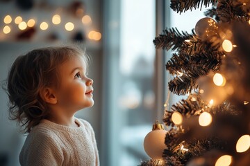 A young child gazes at a beautifully decorated and illuminated Christmas tree, capturing the wonder and joy of the holiday season in a cozy indoor setting with soft lighting.