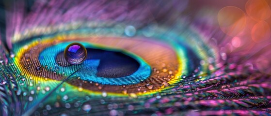 Naklejka premium Vibrant Peacock Feather Close-up with Intricate Patterns and Iridescent Colors on Soft-Focus Background