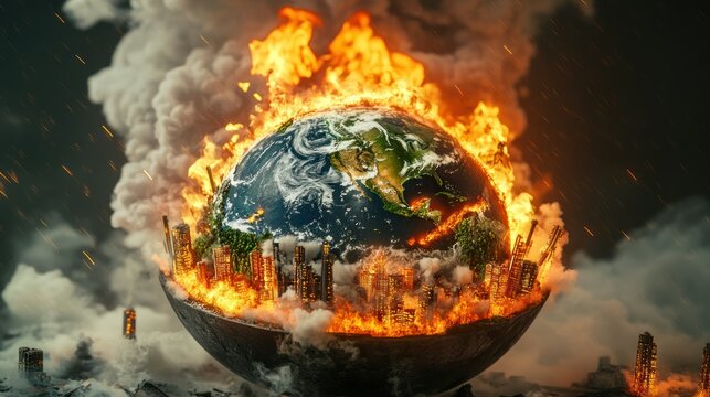 A earth model in the wok, fire under the wok, there are factories emitting gas and people destory forest