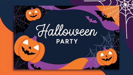 Vibrant Modern Halloween Party Invitation with Bold Orange and Purple Gradient, Featuring Minimalistic Jack-o'-Lanterns, Bats, and Spider Webs Against a Dark Blue Background, with Playful Cursive Font