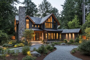 A modern house surrounded by lush greenery and a gravel pathway.