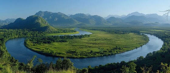 Serene River Meandering Through Lush Green Valley with Majestic Mountains and Clear Blue Sky in Background