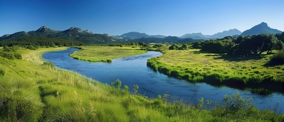 Serene River Flowing Through Lush Valley with Majestic Mountains and Clear Sky in the Distance