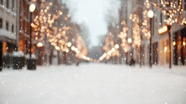 Snowy winter street with glowing string lights and falling snowflakes