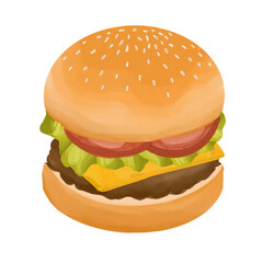 Watercolor cheese burger with for fast food icon menu 