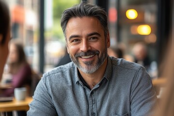 Obraz premium A person smiling and engaging in a conversation with others in a lively cafe or restaurant setting.