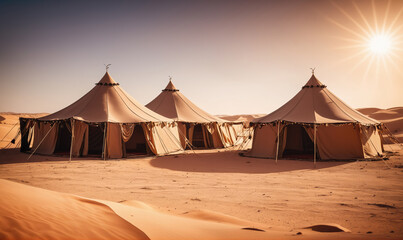 A line of tents stands in the desert under a bright sun