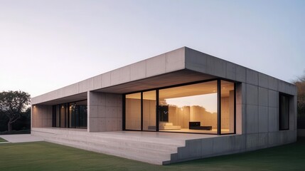 A minimalist brutalist home with an exposed concrete exterior and large, open spaces inside, Neo Brutalism, home, minimalism