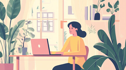 Fototapeta premium A cozy indoor workspace with a woman working on a laptop surrounded by plants during the daytime