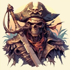 A Skull Pirate Captain Holding a Sword and a Skull and Crossbones Hat