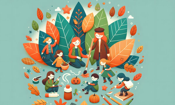 Fr&ouml;hliche Kinder basteln im Herbst mit Herbstlaub