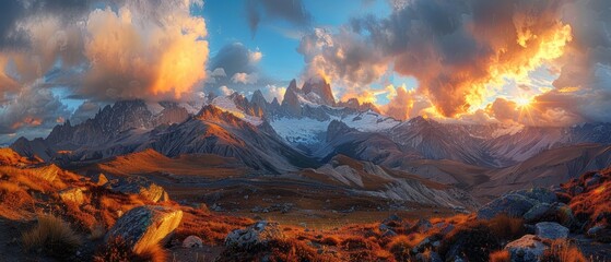 Fototapeta premium Majestic Mountain Peaks Bathed in Golden Sunlight Under Dramatic Cloud-Filled Sky